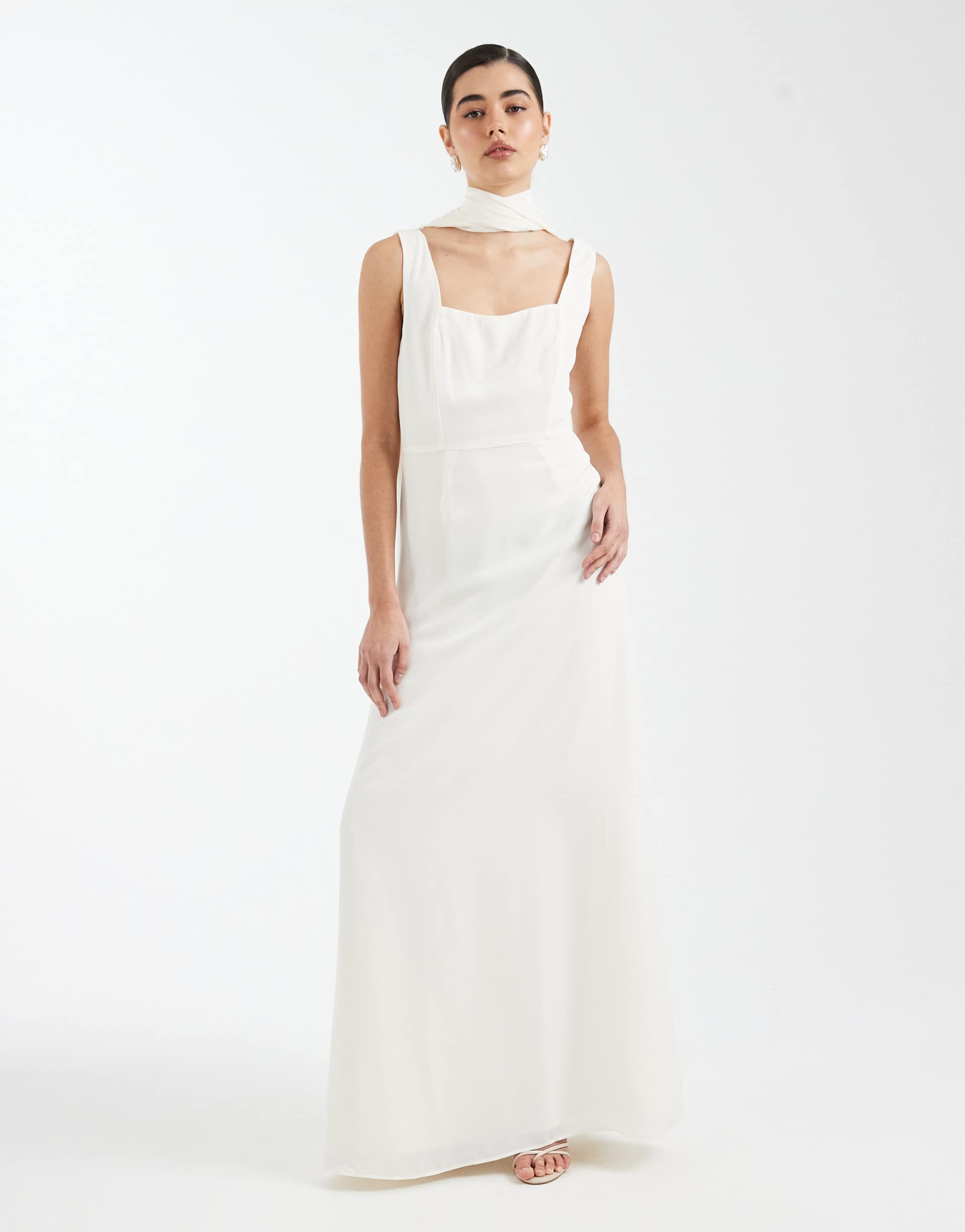 six stories bridesmaid crepe square neck maxi dress with scarf neck in ivory