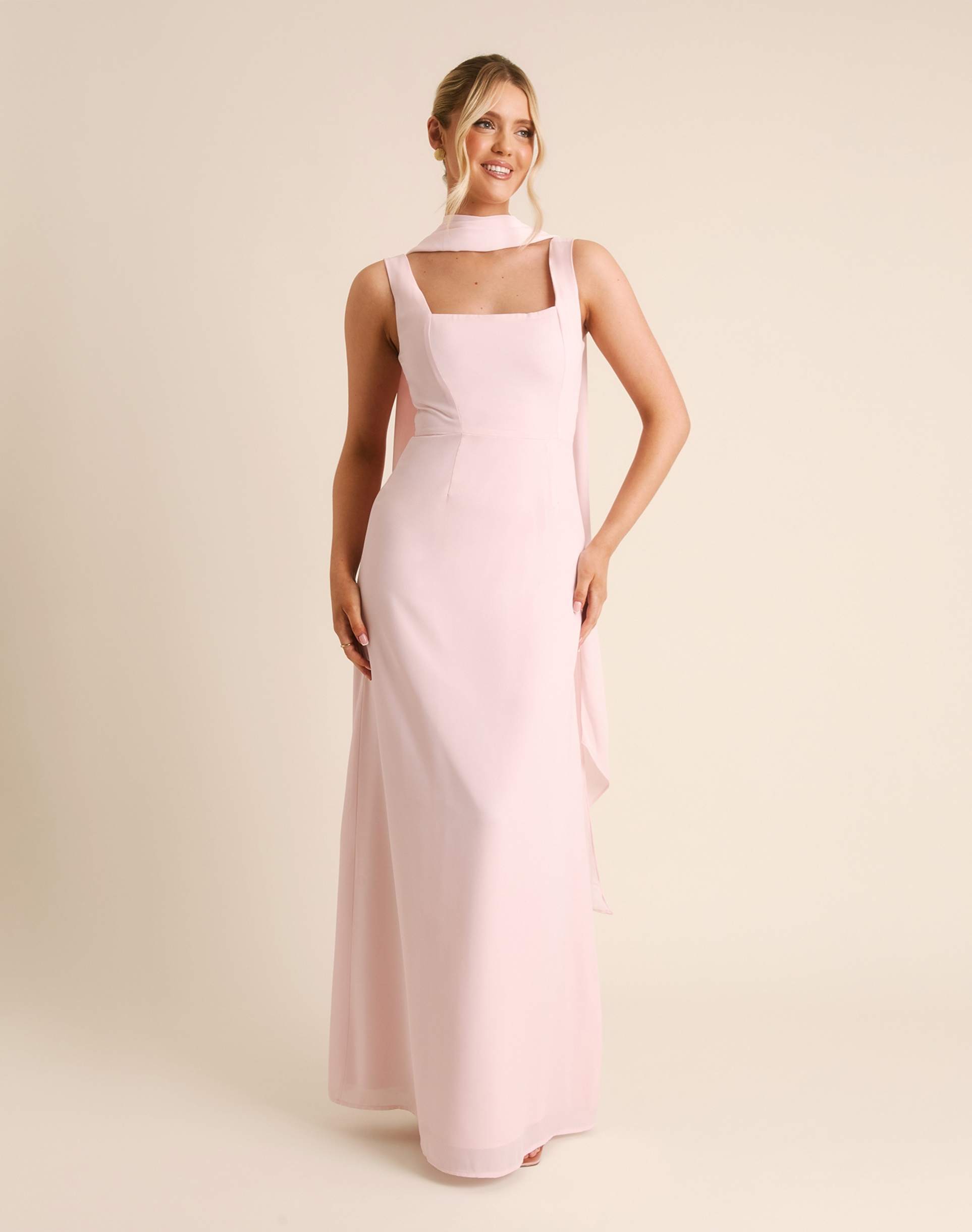 six stories bridesmaid crepe square neck maxi dress with scarf neck in light pink