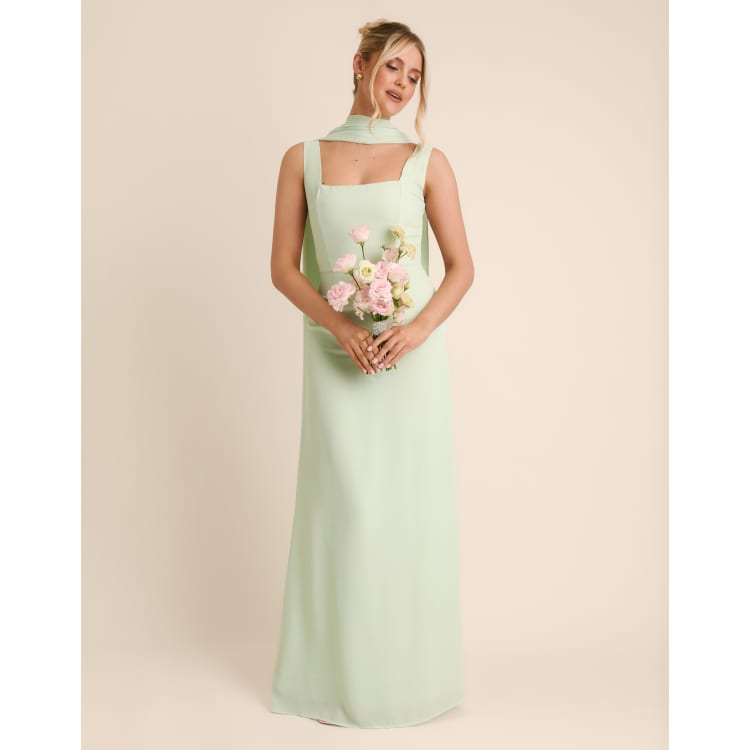 Six Stories Bridesmaid Crepe Square Neck Maxi Dress with Scarf Neck in Mint Green