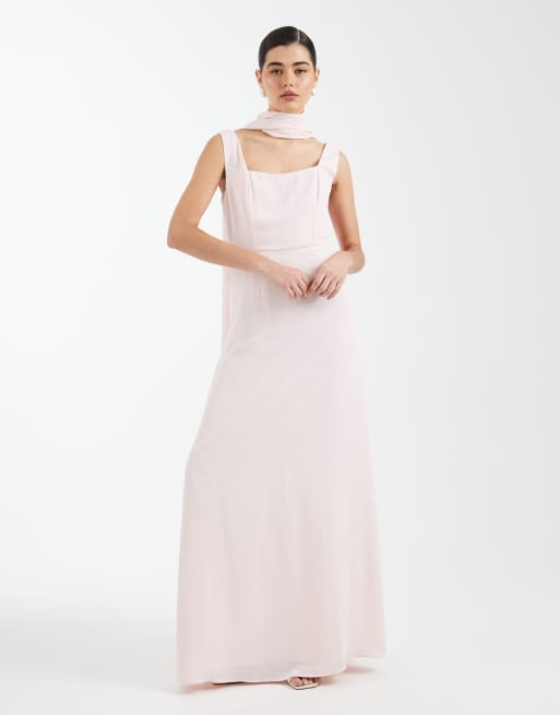 Six Stories Bridesmaid crepe square neck maxi dress with scarf neck in soft pink