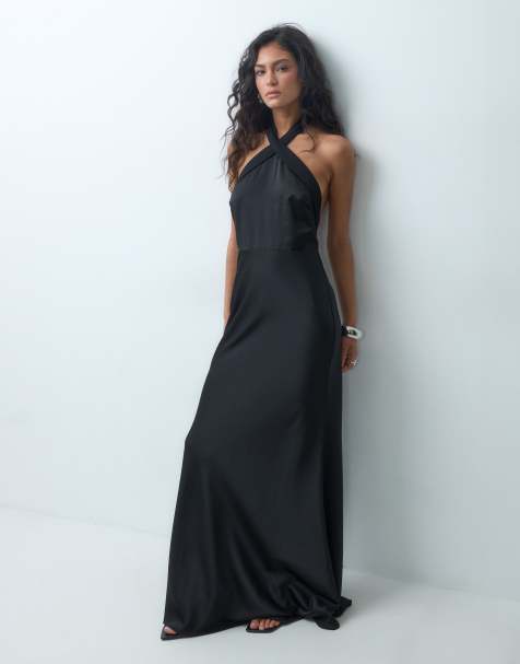 Six Stories Bridesmaid cross halter neck low back maxi dress in black - view 1
