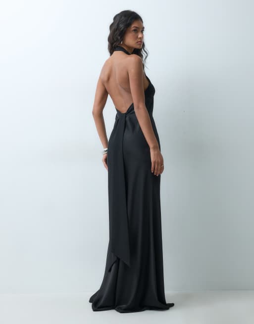Six Stories Bridesmaid cross halter neck low back maxi dress in black, 3 of 5