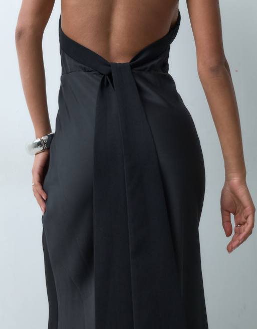 Six Stories Bridesmaid cross halter neck low back maxi dress in black, 4 of 5