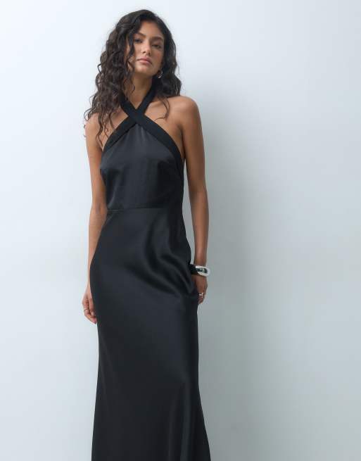 Six Stories Bridesmaid cross halter neck low back maxi dress in black, 5 of 5