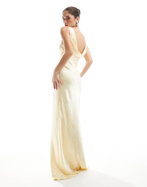Six Stories Bridesmaid cowl back satin maxi dress in lemon
