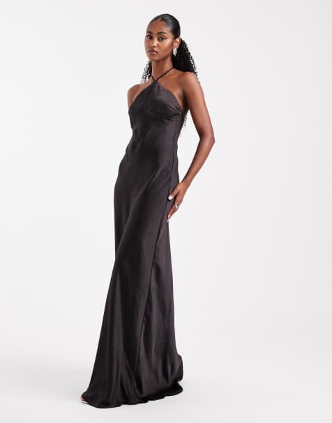 Six Stories Bridesmaid satin halterneck maxi dress in black