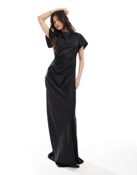 Six Stories Bridesmaid flutter sleeve satin maxi dress in black