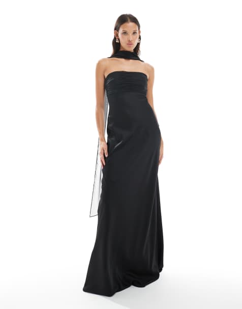 Six Stories Bridesmaid chiffon satin maxi dress in neck scarf in black