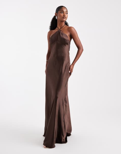 Six Stories Bridesmaid satin halterneck maxi dress in chocolate