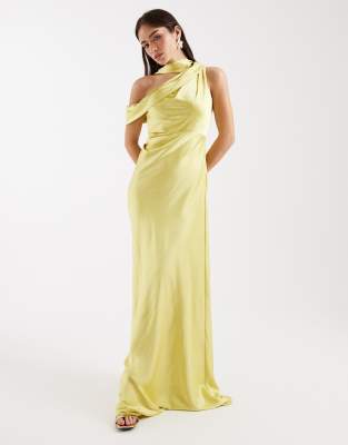 Six Stories - Bridesmaid - Drapiertes Satin-Maxikleid in Chartreuse mit One-Shoulder-Träger-Grün