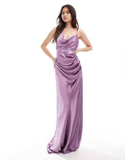 Six Stories Bridesmaid one shoulder drape detail satin maxi dress in orchid