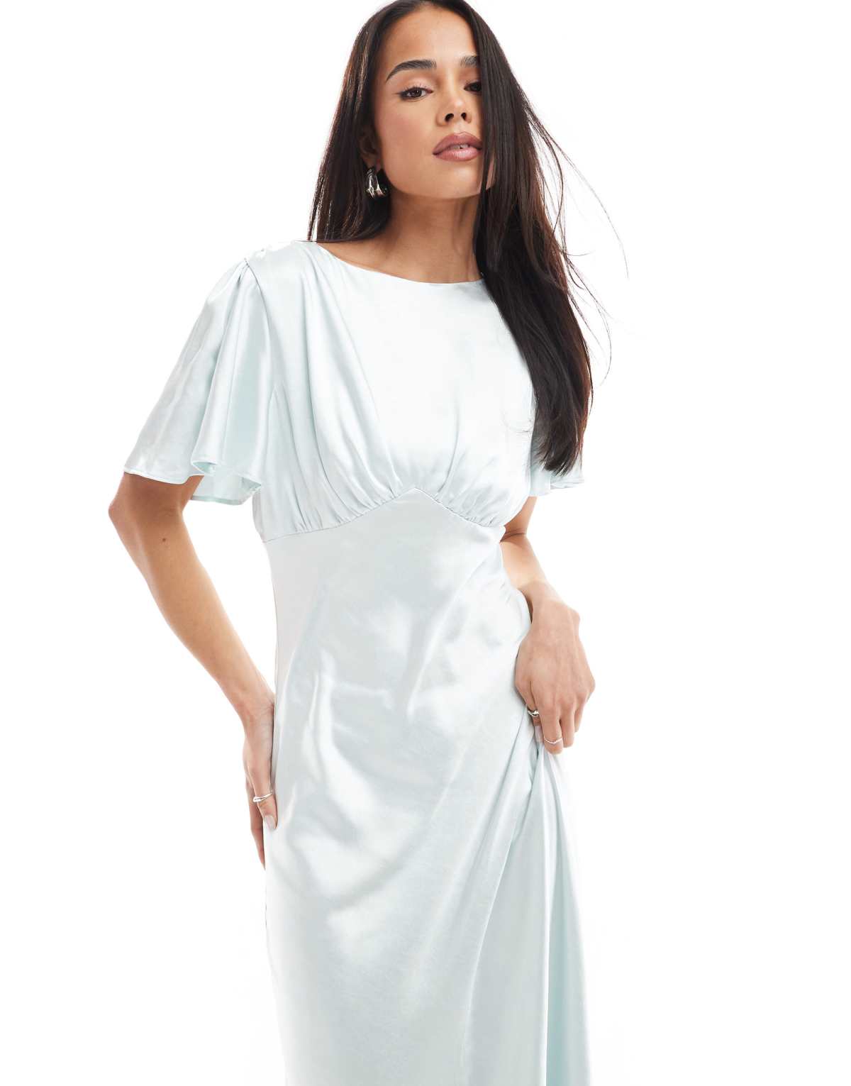 Six Stories Bridesmaid empire waist satin maxi dress in ice blue