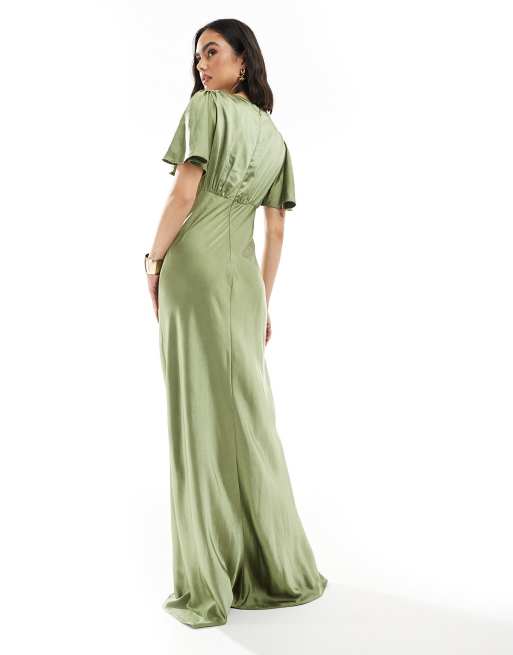 Six Stories Bridesmaid empire waist satin maxi dress in moss green | ASOS