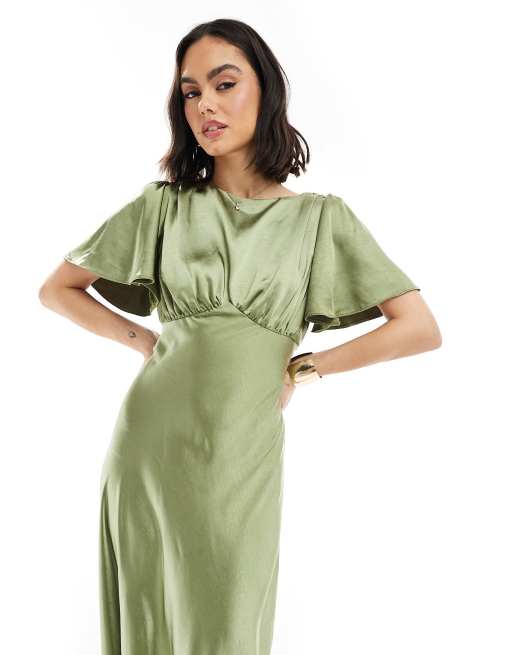 Six Stories Bridesmaid empire waist satin maxi dress in moss green | ASOS