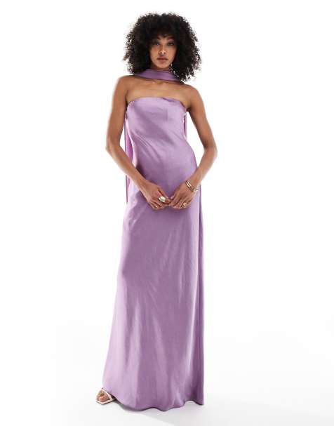 Six Stories Bridesmaid satin maxi dress with chiffon neck scarf in orchid