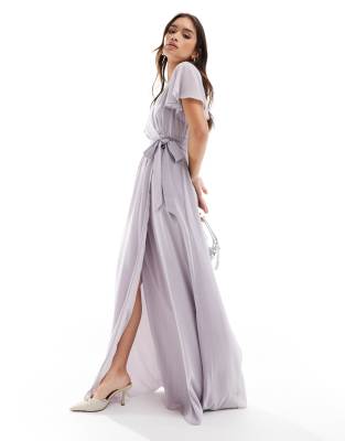 Six Stories Bridesmaid flutter sleeve chiffon maxi dress in lilac