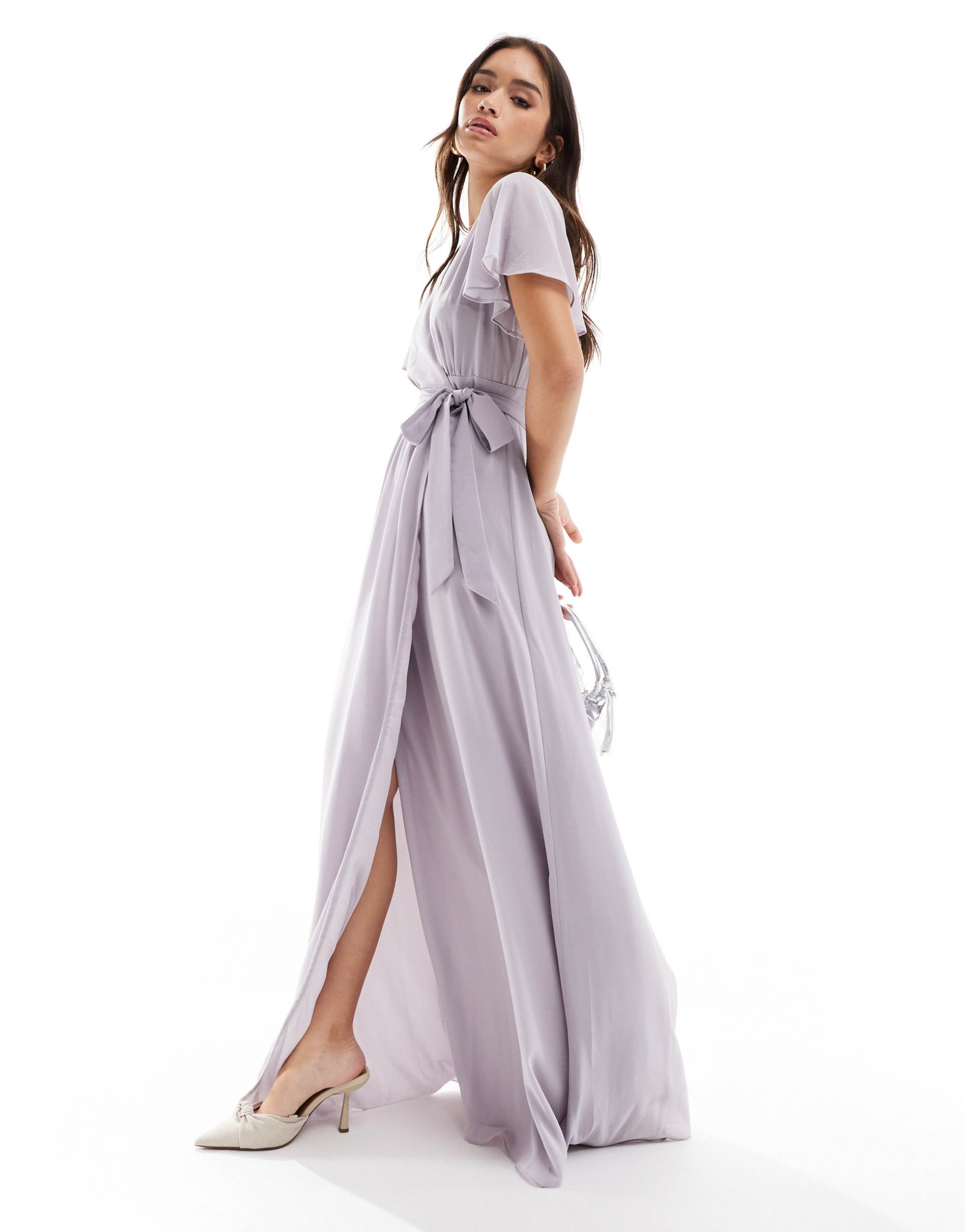 six stories bridesmaid flutter sleeve chiffon maxi dress in lilac