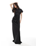 [Six Stories] Six Stories Bridesmaid flutter sleeve satin maxi dress in black 36 Black