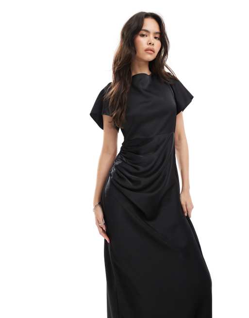 Six Stories Bridesmaid flutter sleeve satin maxi dress in black