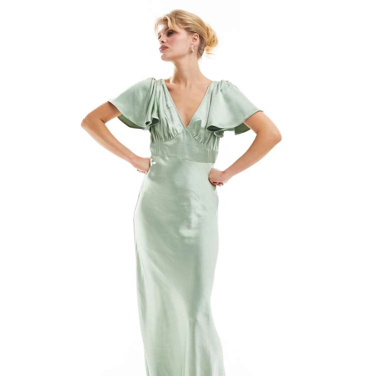 Six Stories Bridesmaid flutter sleeve satin maxi dress in sage | ASOS