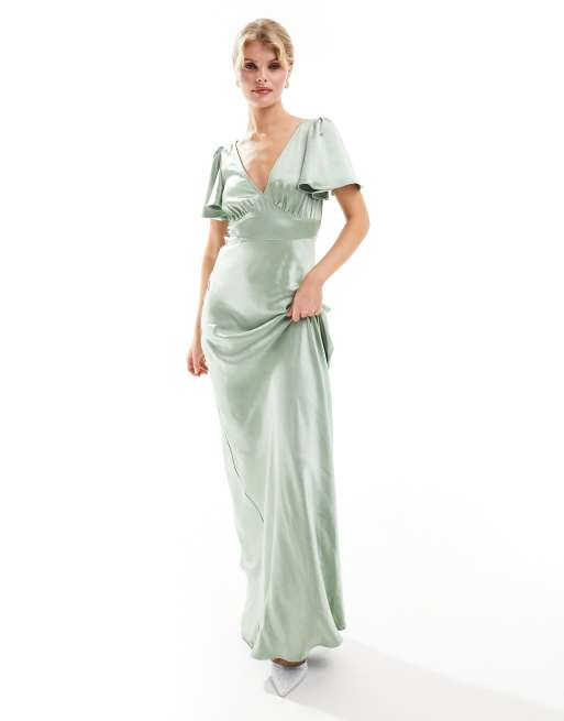 knee length dresses for ladies Hunter Green Satin Flutter Sleeve Plunging Maxi Dress