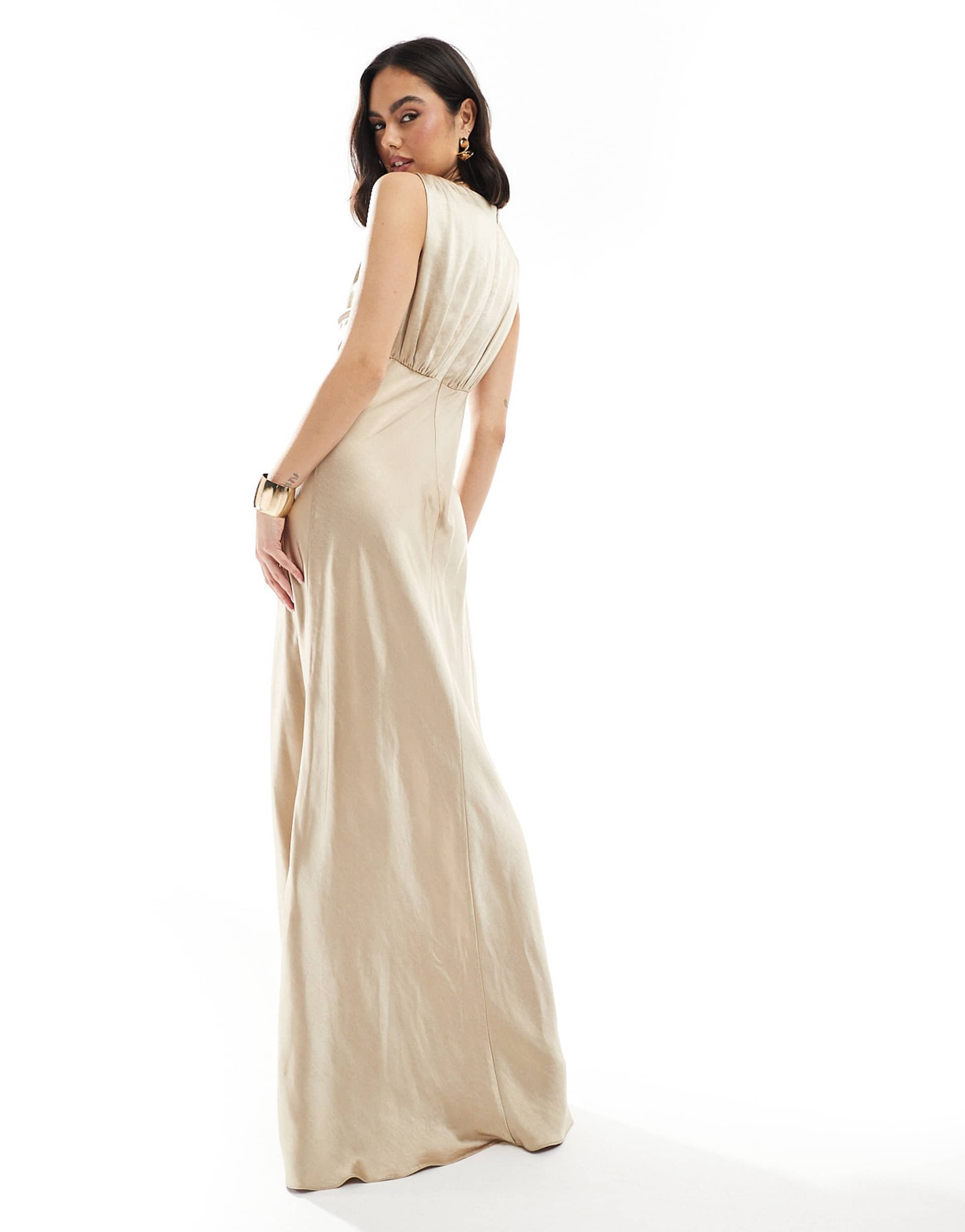 six stories bridesmaid gathered overlay satin maxi dress in gold