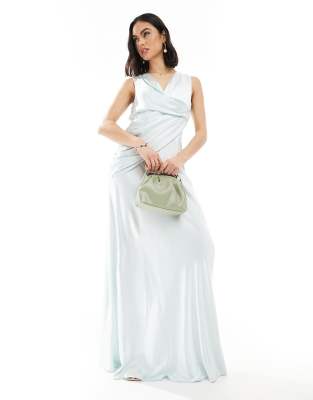 Six Stories Bridesmaid gathered overlay satin maxi dress in ice blue