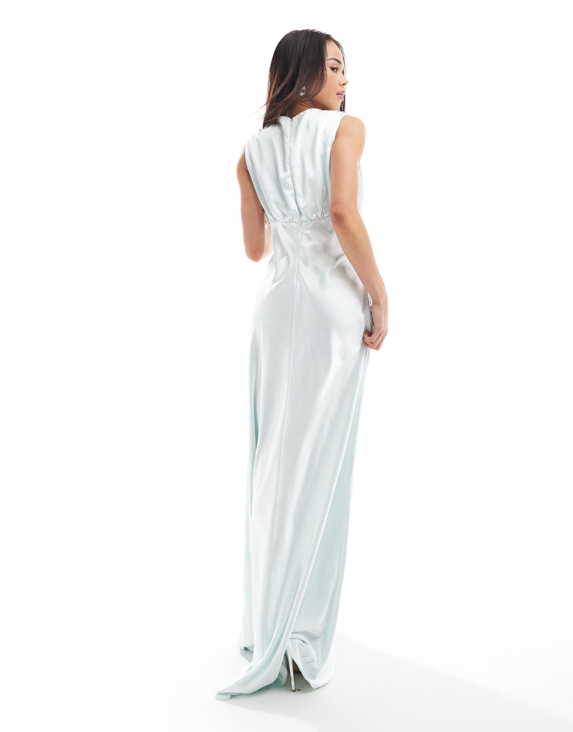 six stories bridesmaid gathered overlay satin maxi dress in ice blue