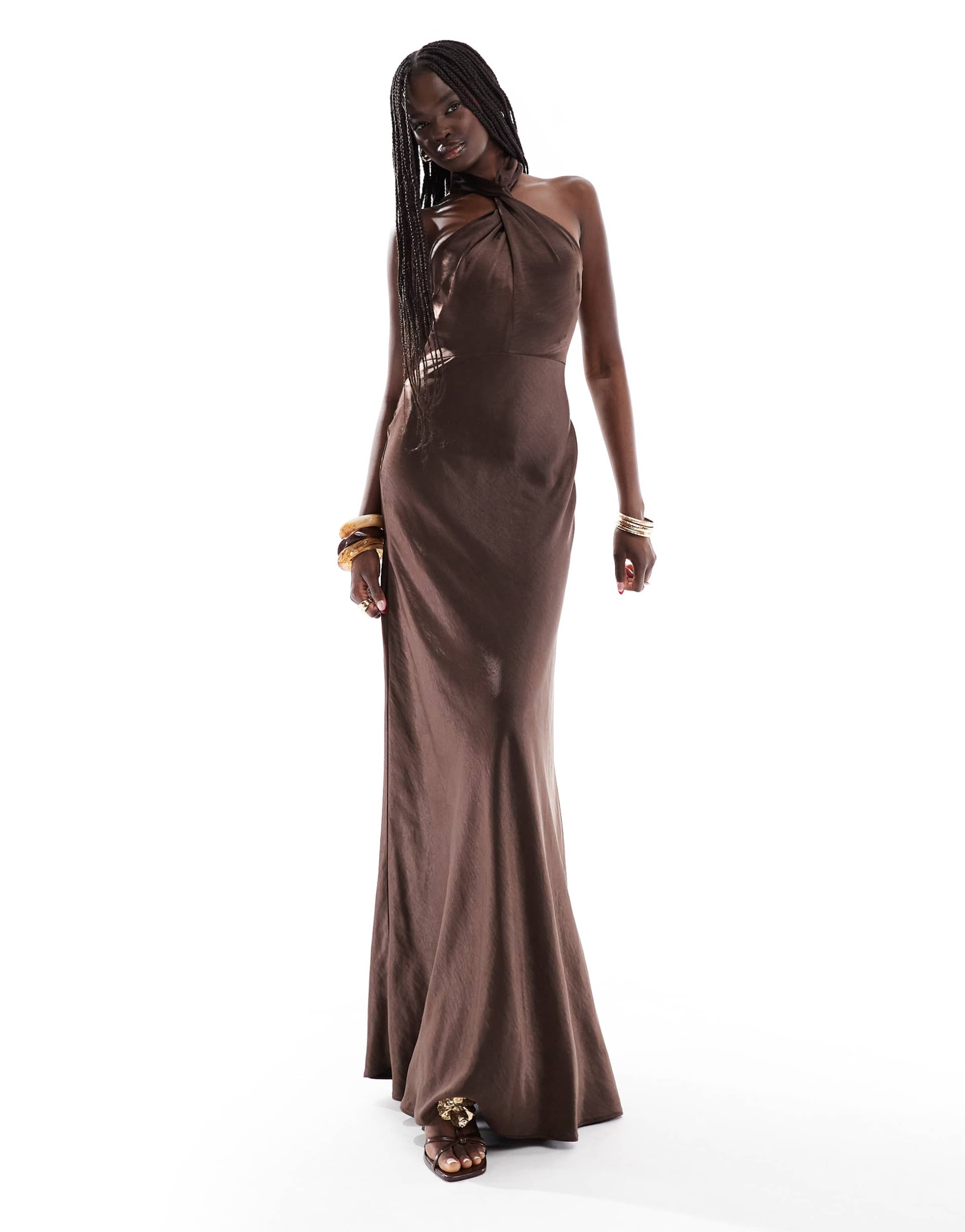 six stories bridesmaid halter neck satin maxi dress in chocolate brown