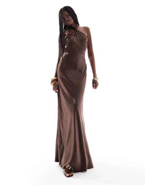 Six Stories Bridesmaid halter neck satin maxi dress in chocolate brown