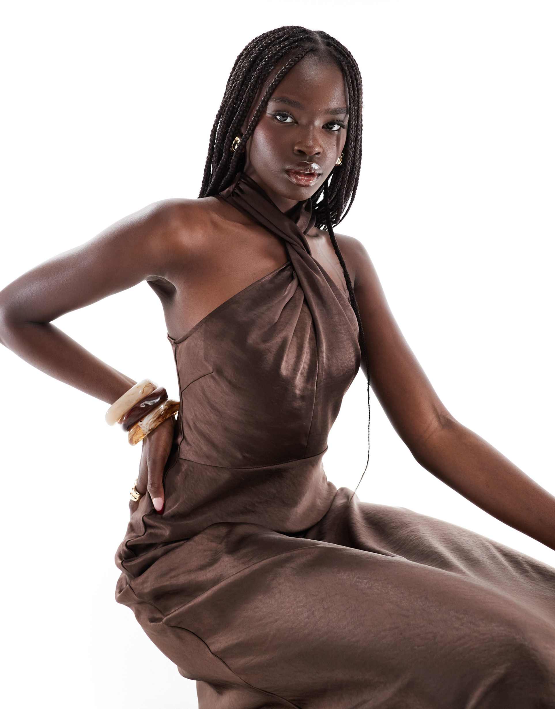 six stories bridesmaid halter neck satin maxi dress in chocolate brown