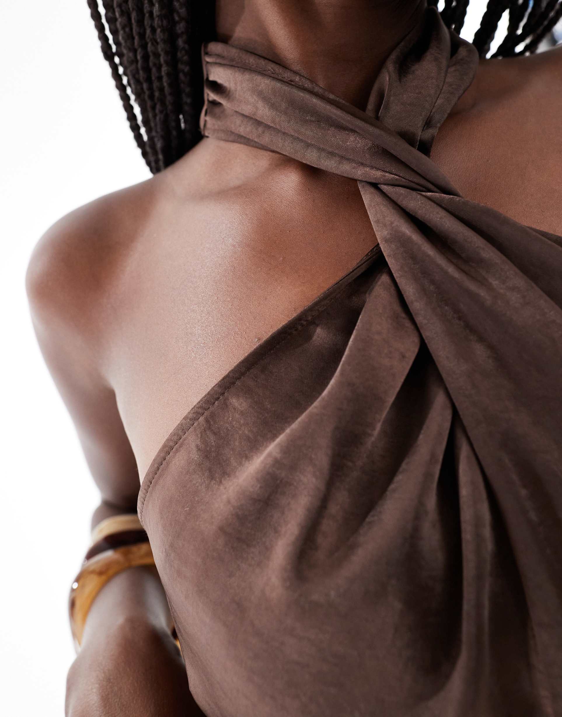 six stories bridesmaid halter neck satin maxi dress in chocolate brown