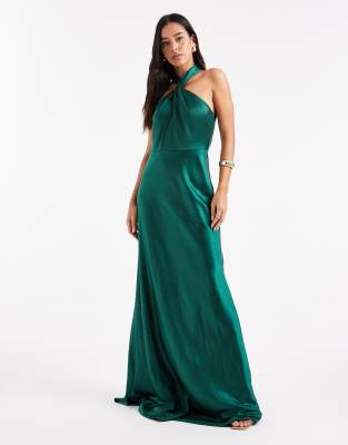 Six Stories Six Stories Bridesmaid satin twist detail halterneck maxi dress in emerald green