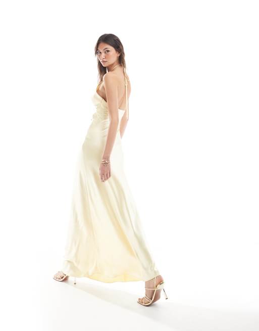 Six Stories Bridesmaid halter neck satin maxi dress in lemon