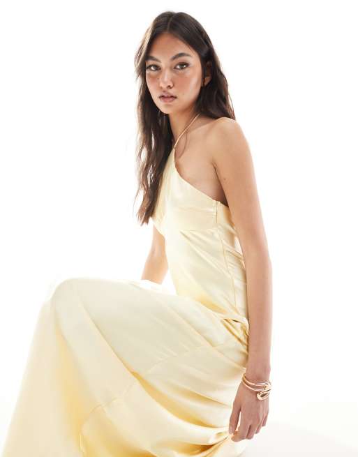Six Stories Bridesmaid halter neck satin maxi dress in lemon
