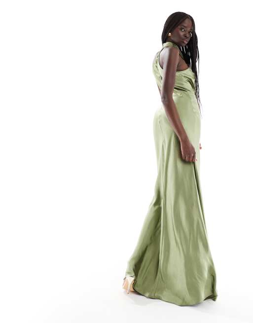 Six Stories Bridesmaid halter neck satin maxi dress in moss green, 4 of 4