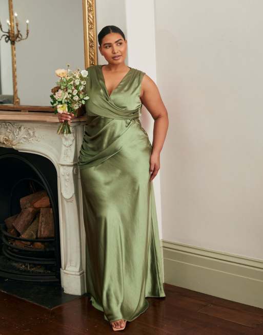 Six Stories – Bridesmaid – Maxikleid aus moosgrünem Satin mit Wasserfallausschnitt und V-Ausschnitt, 3 von 4