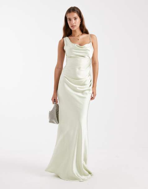 Six Stories Bridesmaid asymmetric cowl satin maxi dress in mint green