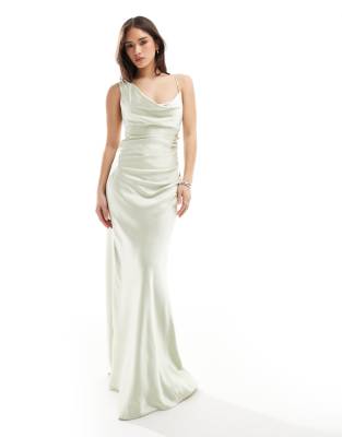 Bridesmaid one shoulder satin maxi dress in mint green