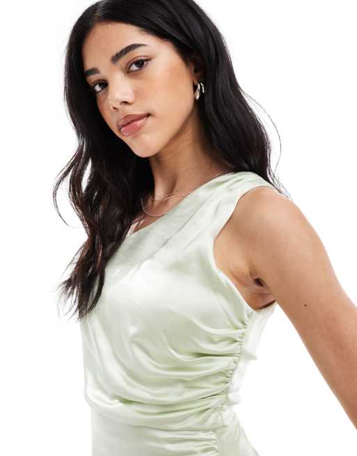 Six Stories Bridesmaid one shoulder satin maxi dress in mint green, 3 of 4