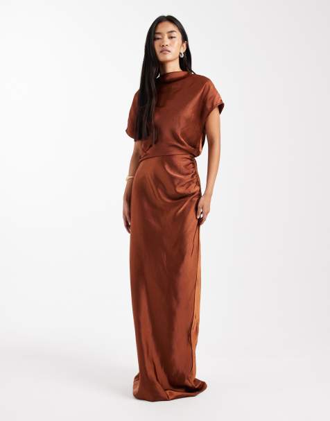 Six Stories Bridesmaid ruched drape satin maxi dress in rust