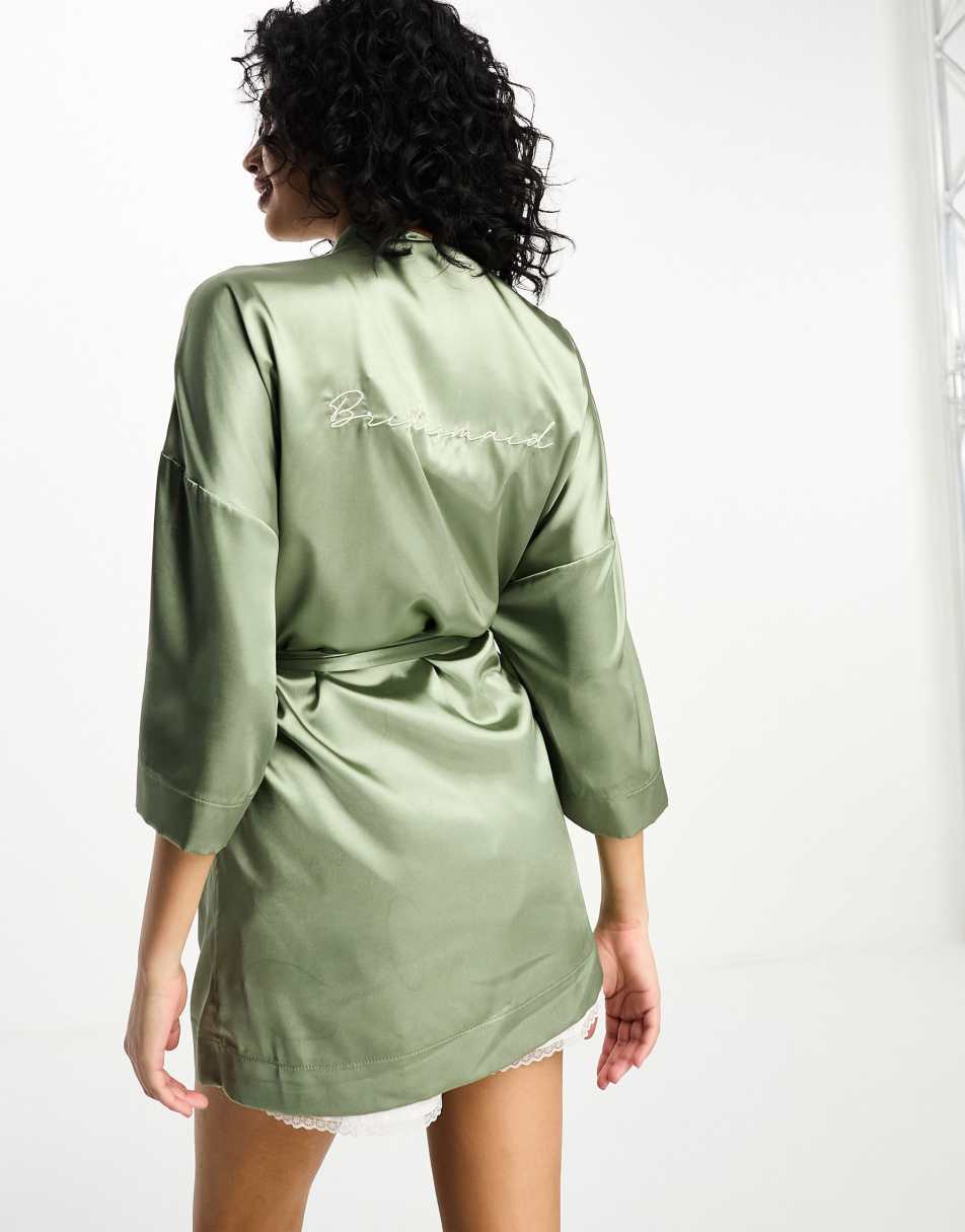 Six Stories bridesmaid robe with embroidery in sage