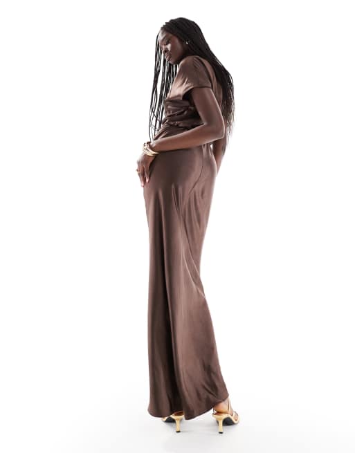 Six Stories Bridesmaid ruched drape satin maxi dress in chocolate brown