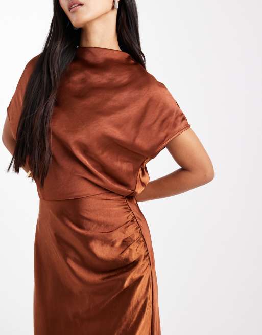 Six Stories Bridesmaid ruched drape satin maxi dress in rust, 4 of 4