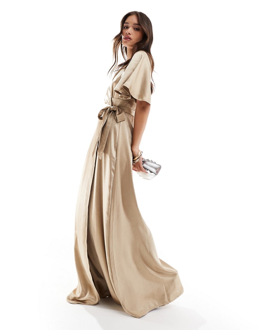 Six Stories Bridesmaid satin angel sleeve maxi dress in champagne co-ord-Gold