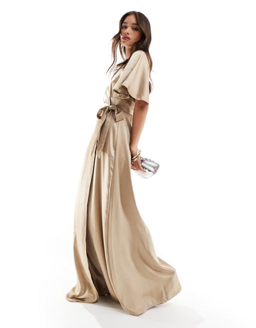 Six Stories Bridesmaid satin angel sleeve maxi dress the in champagne co-ord