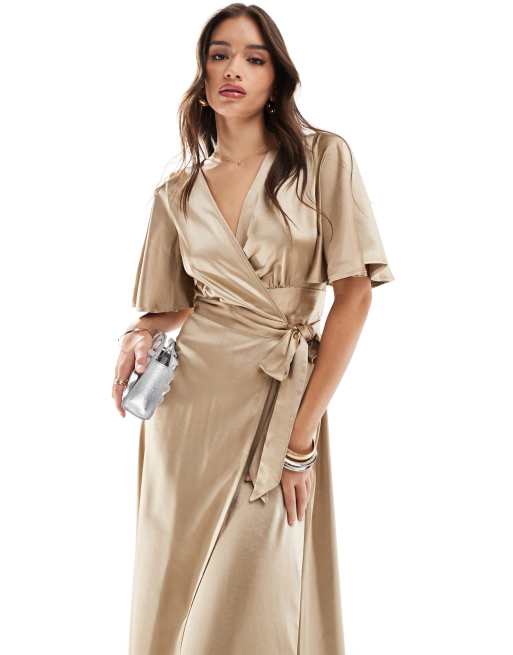 Six Stories Bridesmaid satin angel sleeve maxi dress in champagne co-ord |  ASOS