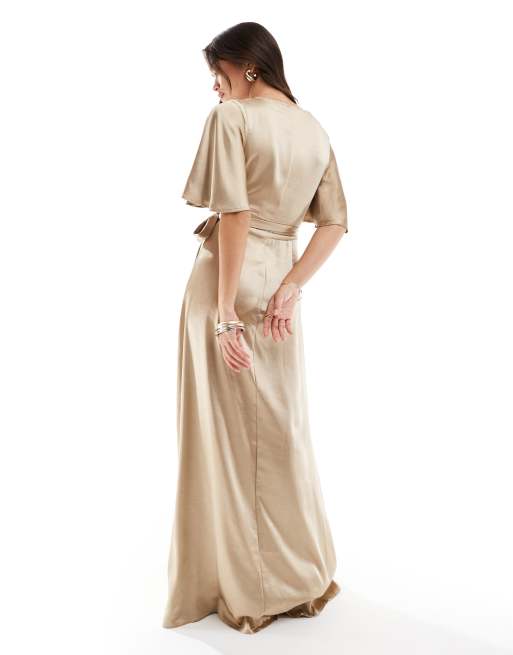 Six Stories Bridesmaid satin angel sleeve maxi dress in champagne - part of  a set