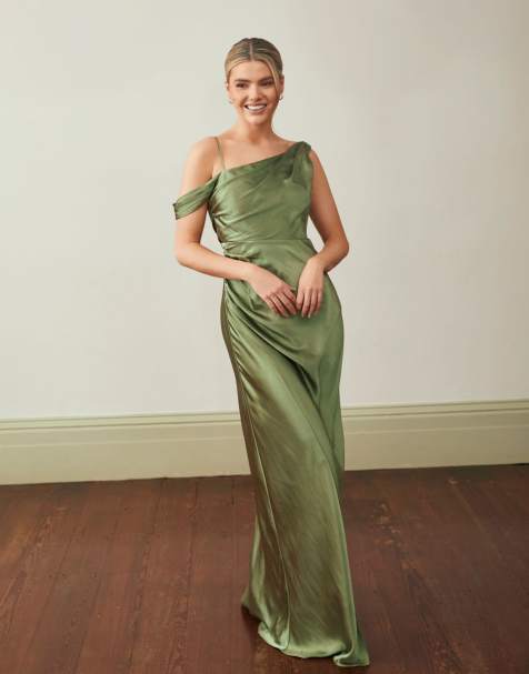 Six Stories Bridesmaid satin asymmetric cowl neck maxi dress in moss green - view 1
