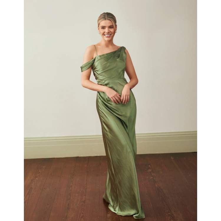 Asymmetrical Bardot Strap Satin Bridesmaid Dress - Moss Green | Six Stories - Size US 6